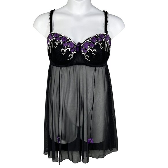 Cacique Womens 22-24 Babydoll Lingerie Black Purple Floral Embroidered Bows Sexy - Picture 2 of 11
